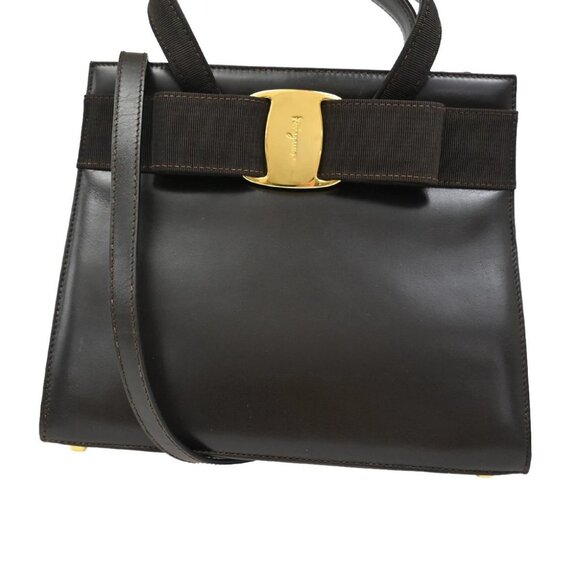 SALVATORE FERRAGAMO Vara 2Way Hand Bag Canvas Leather Brown Gold Italy - Picture 1 of 14
